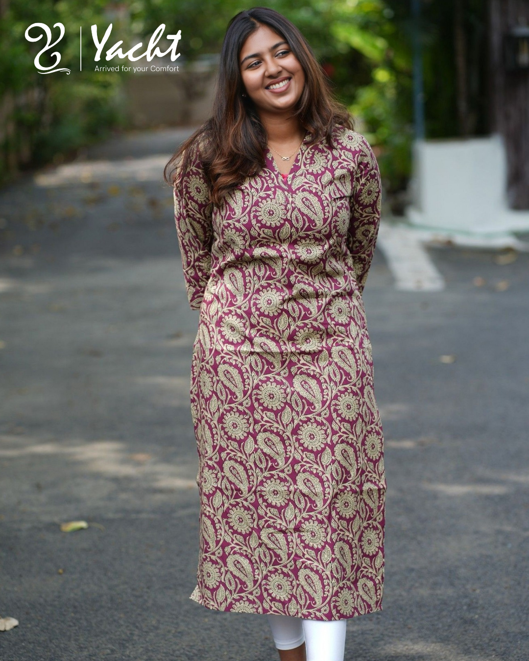 Plum Kalamkari Cotton V-Neck Kurti