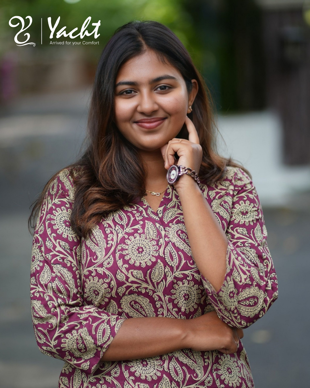 Plum Kalamkari Cotton V-Neck Kurti