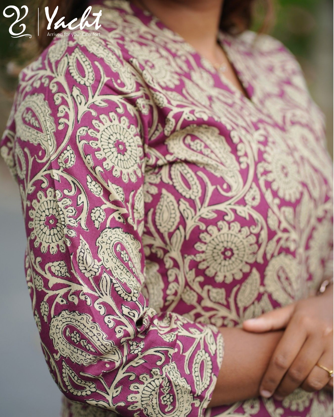Plum Kalamkari Cotton V-Neck Kurti