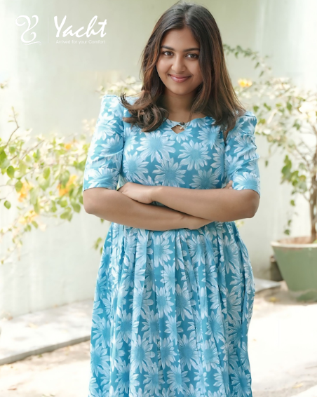 Azure Bloom Printed Maxi Dress