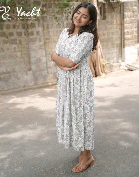 🌸 Silver Bloom Flared Maxi Dress