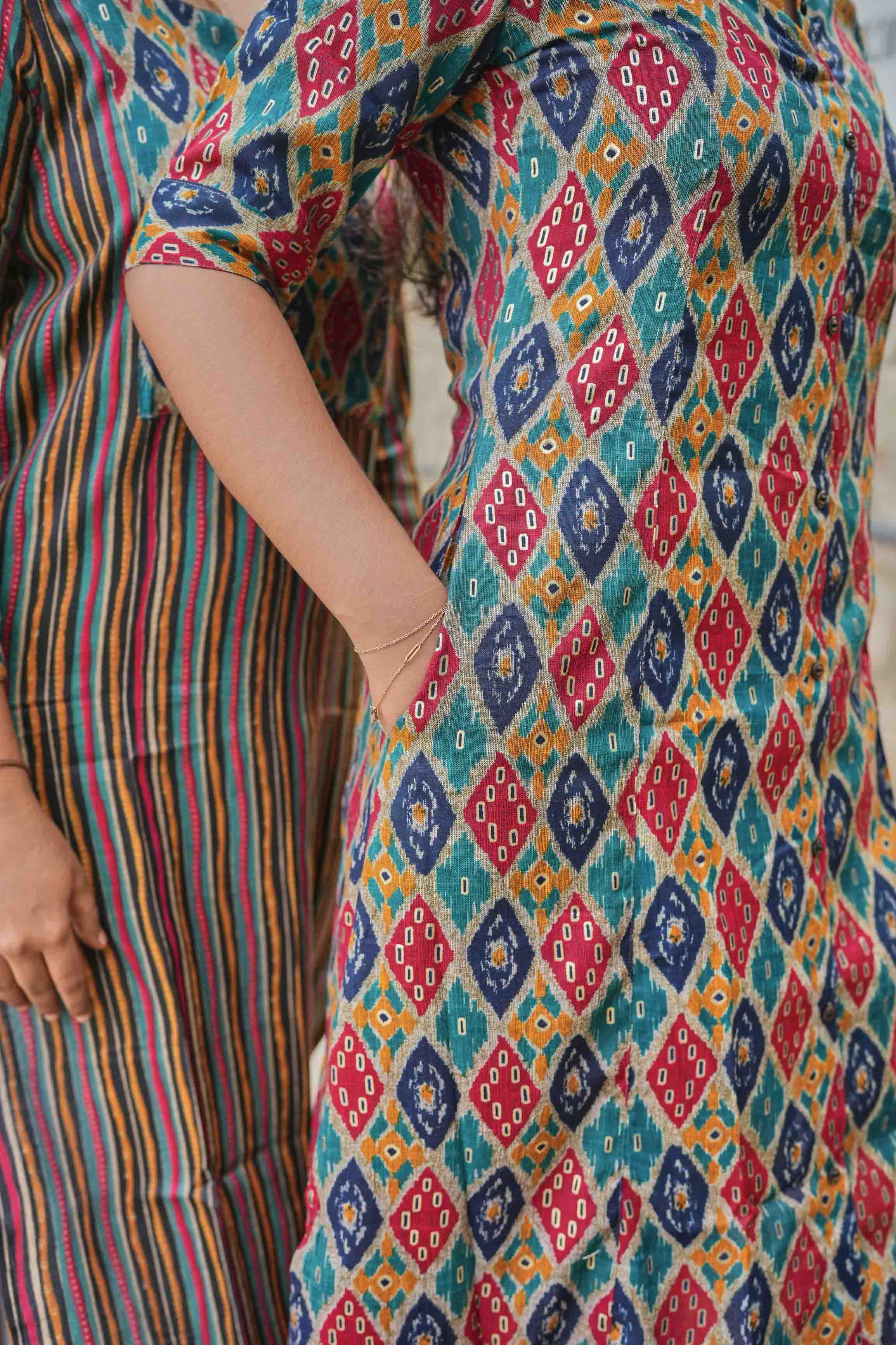 🪅Vibrant Ikat Charm A-Line Kurti"