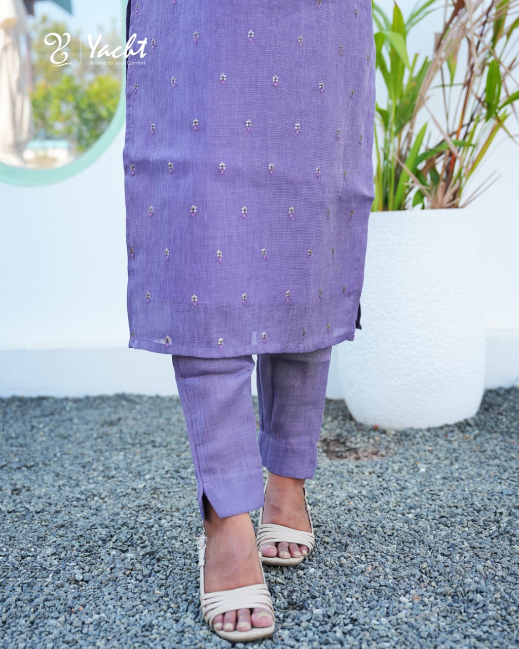 💜 Lavender Straight-Cut Embroidered Kurti Set