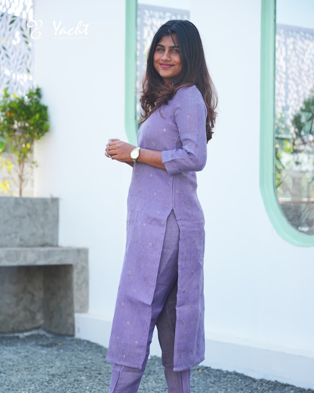 💜 Lavender Straight-Cut Embroidered Kurti Set