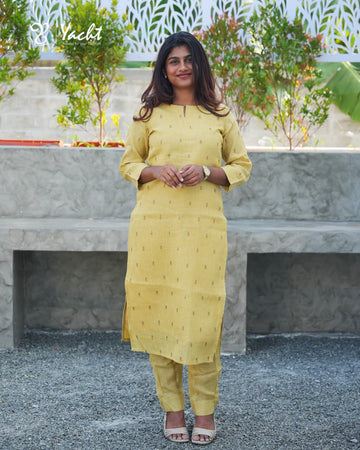 💛 Lemon yellow Straight-Cut Embroidered Kurti Set