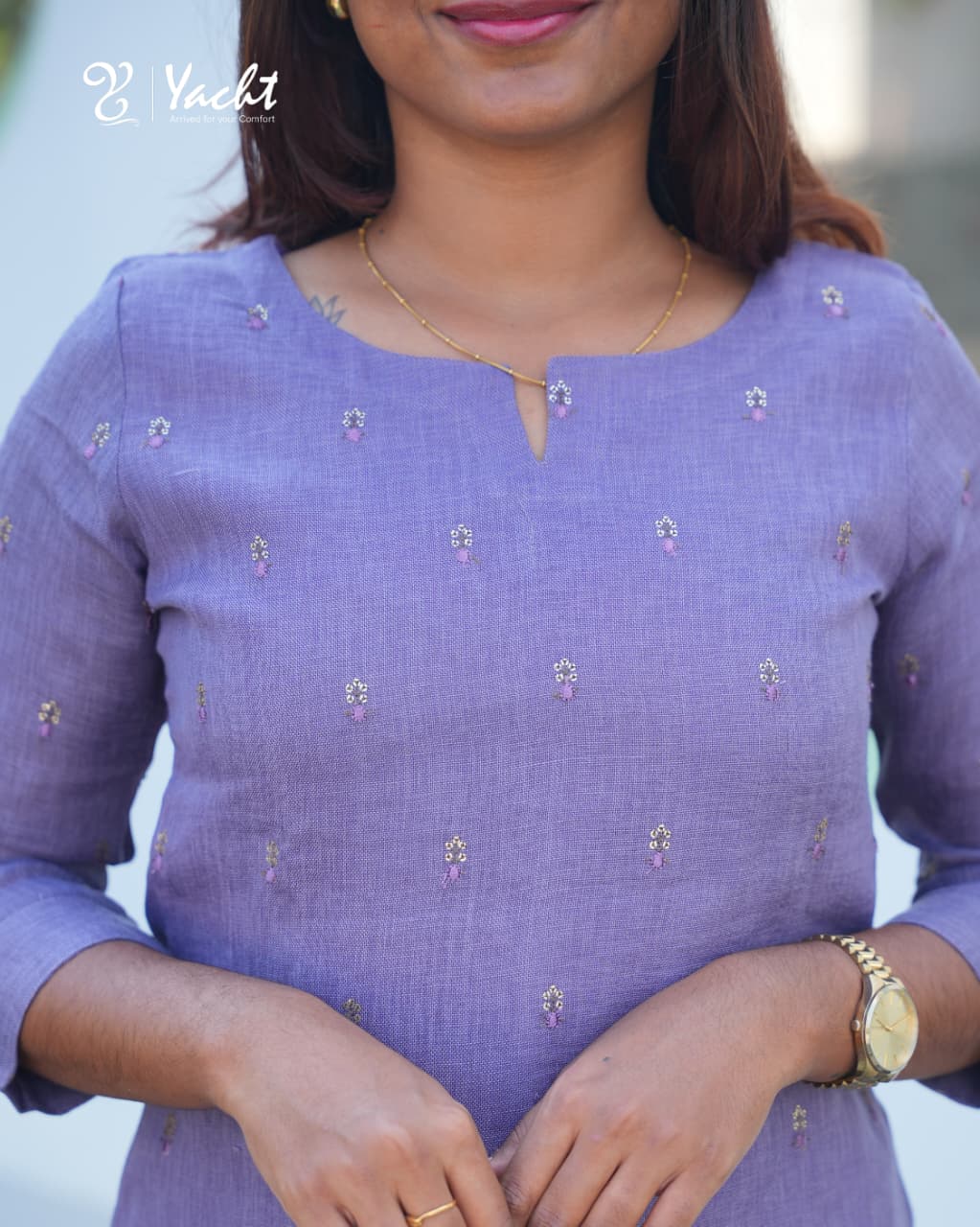 💜 Lavender Straight-Cut Embroidered Kurti Set