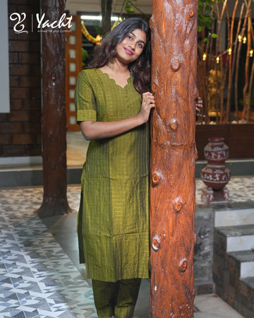 🌿 Olive Stripe Straight Kurti Set